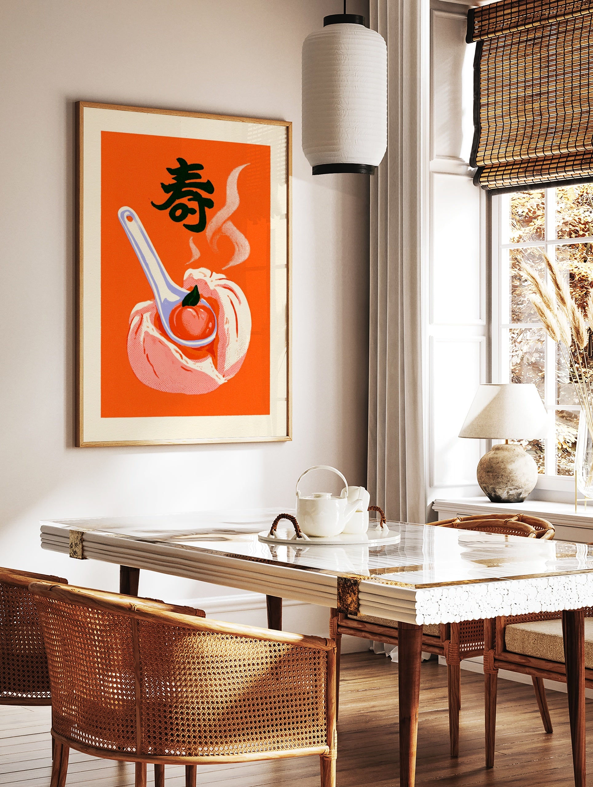 Steamed bun with peach on a spoon illustration, featuring the kanji for longevity, on a bold orange, in a styled room mockup