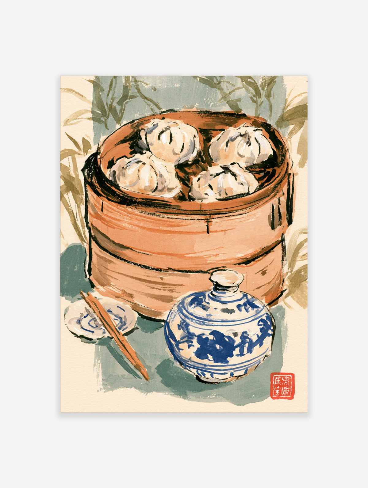 Steamed bun poster with bamboo steamer, bao buns, blue porcelain jar and chopsticks