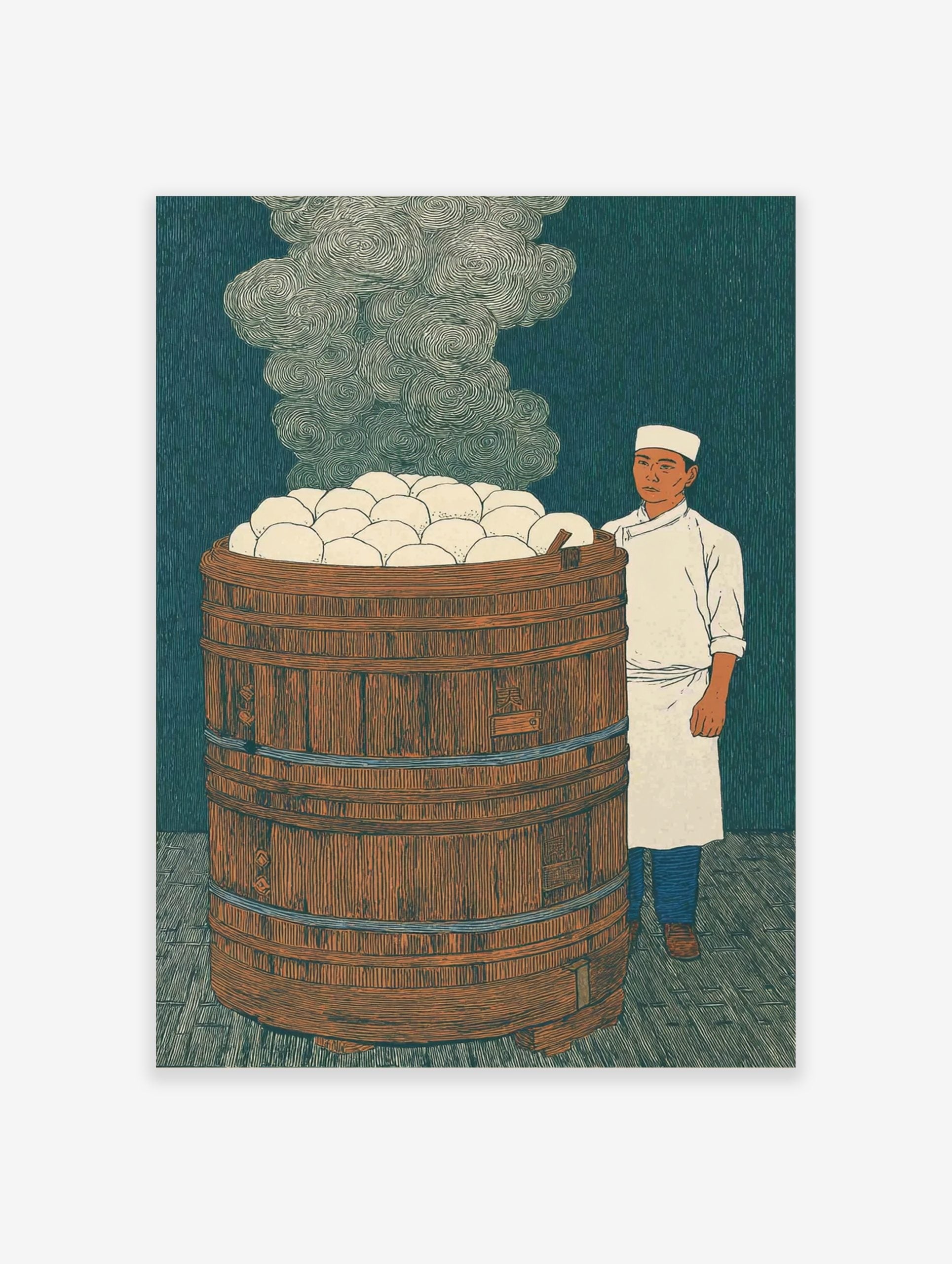 Illustrative print of a chef next to a large wooden steamer barrel overflowing with white steamed buns, steam rising