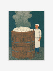 Illustrative print of a chef next to a large wooden steamer barrel overflowing with white steamed buns, steam rising