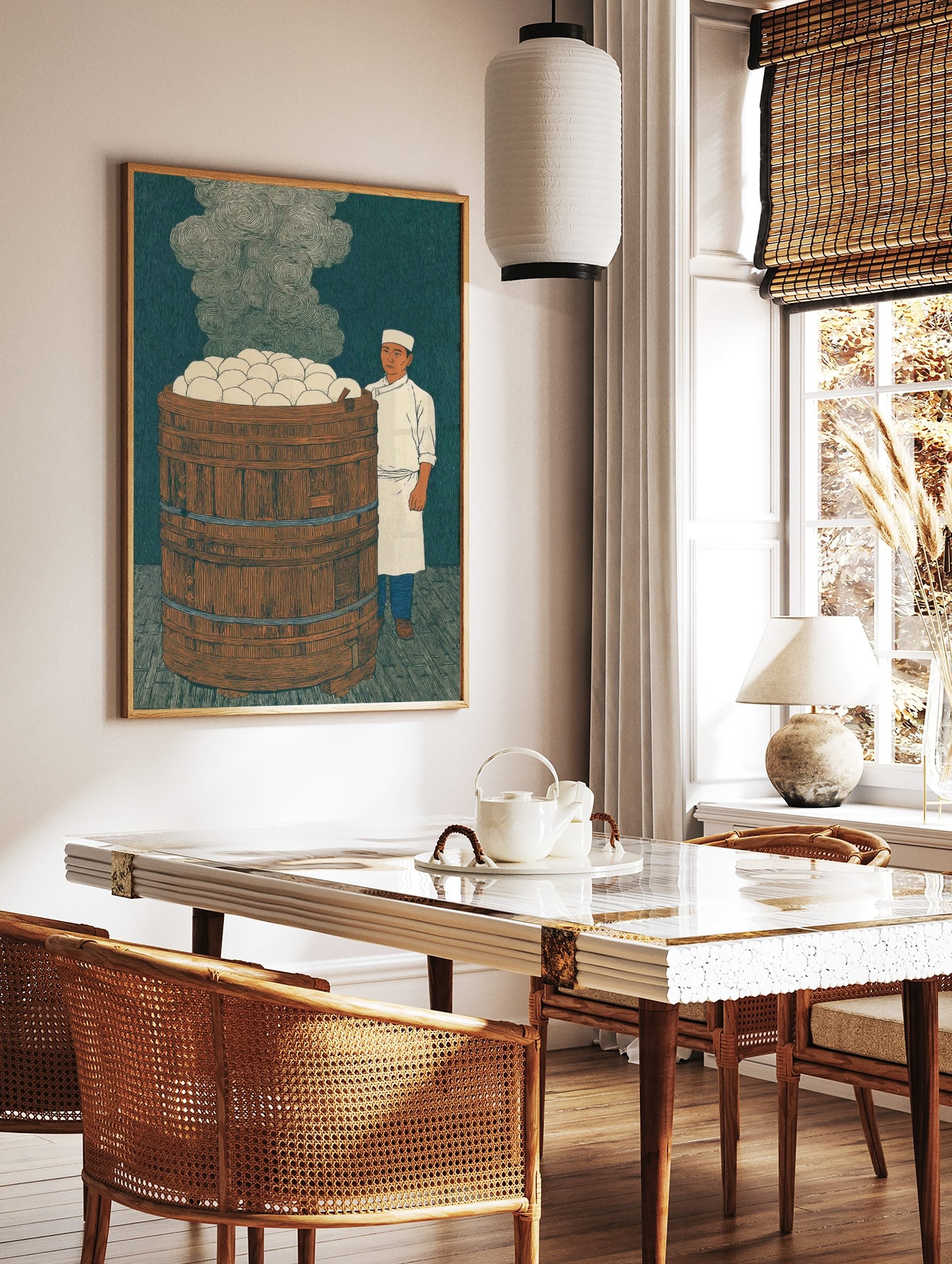 Illustrative print of a chef next to a large wooden steamer barrel overflowing with white steamed, in a styled room mockup