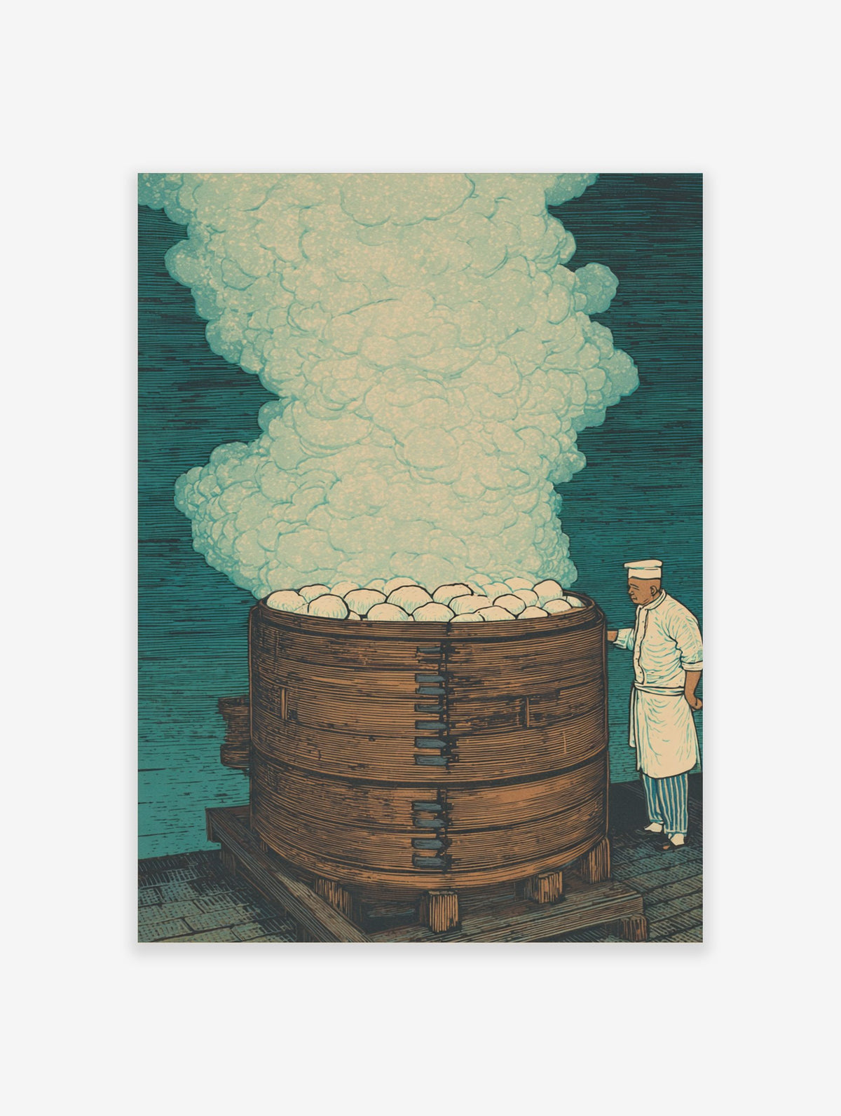 Chef with tall wooden steamer full of white buns and steam, illustrative art print