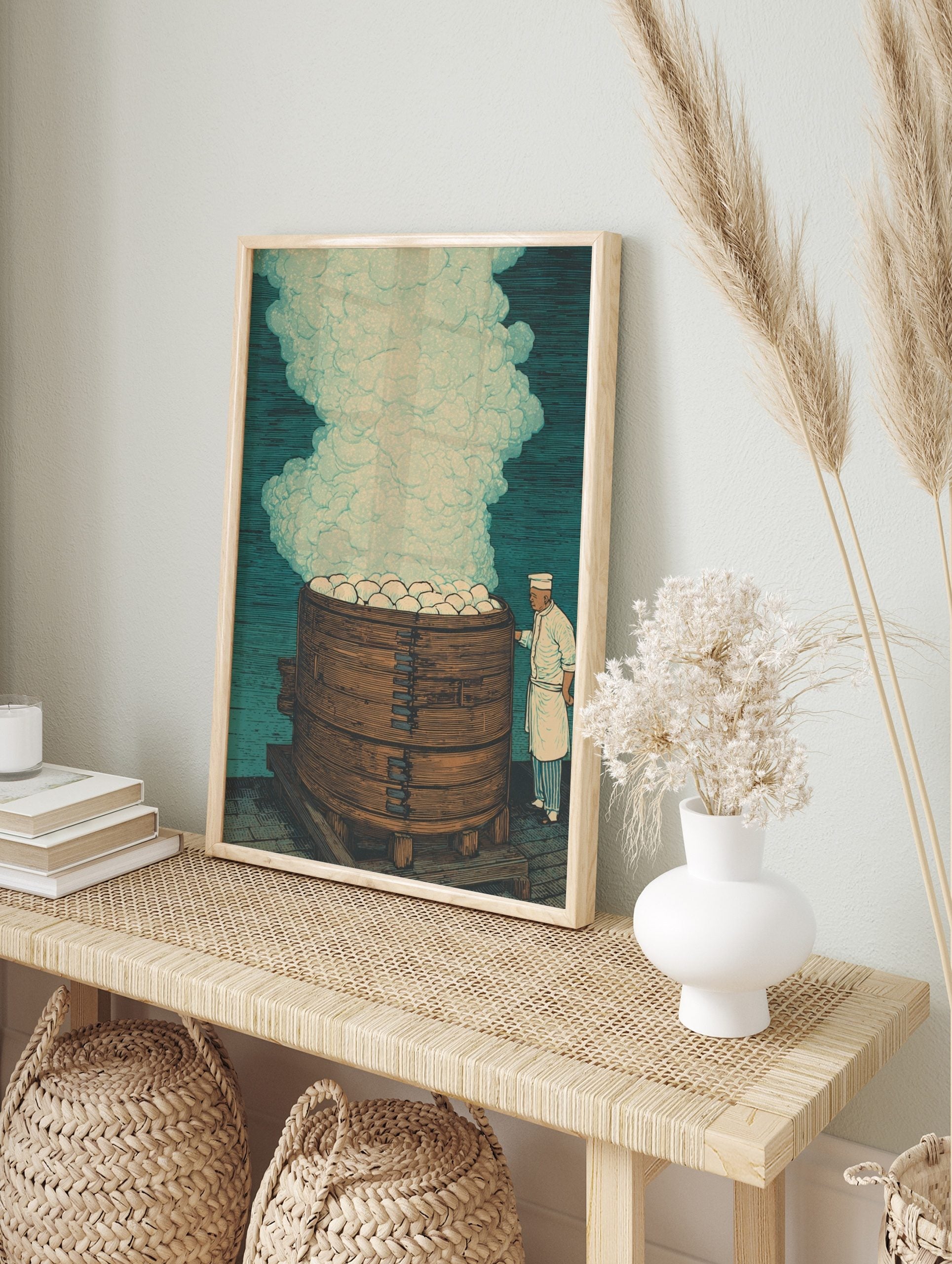 Chef with tall wooden steamer full of white buns and steam, illustrative art print, in an alternate framed mockup