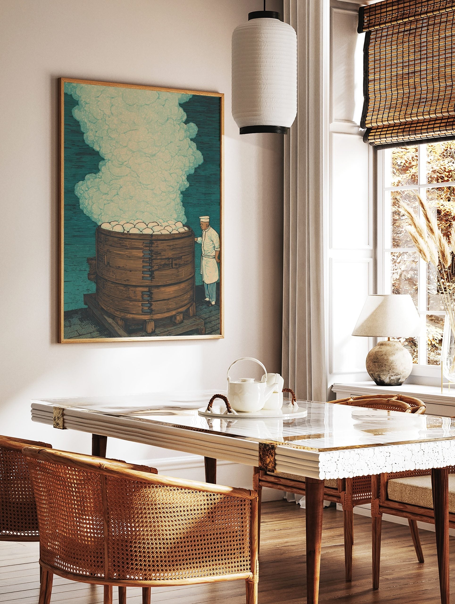 Chef with tall wooden steamer full of white buns and steam, illustrative art print, in a styled room mockup