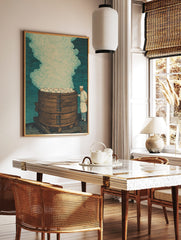 Chef with tall wooden steamer full of white buns and steam, illustrative art print, in a styled room mockup