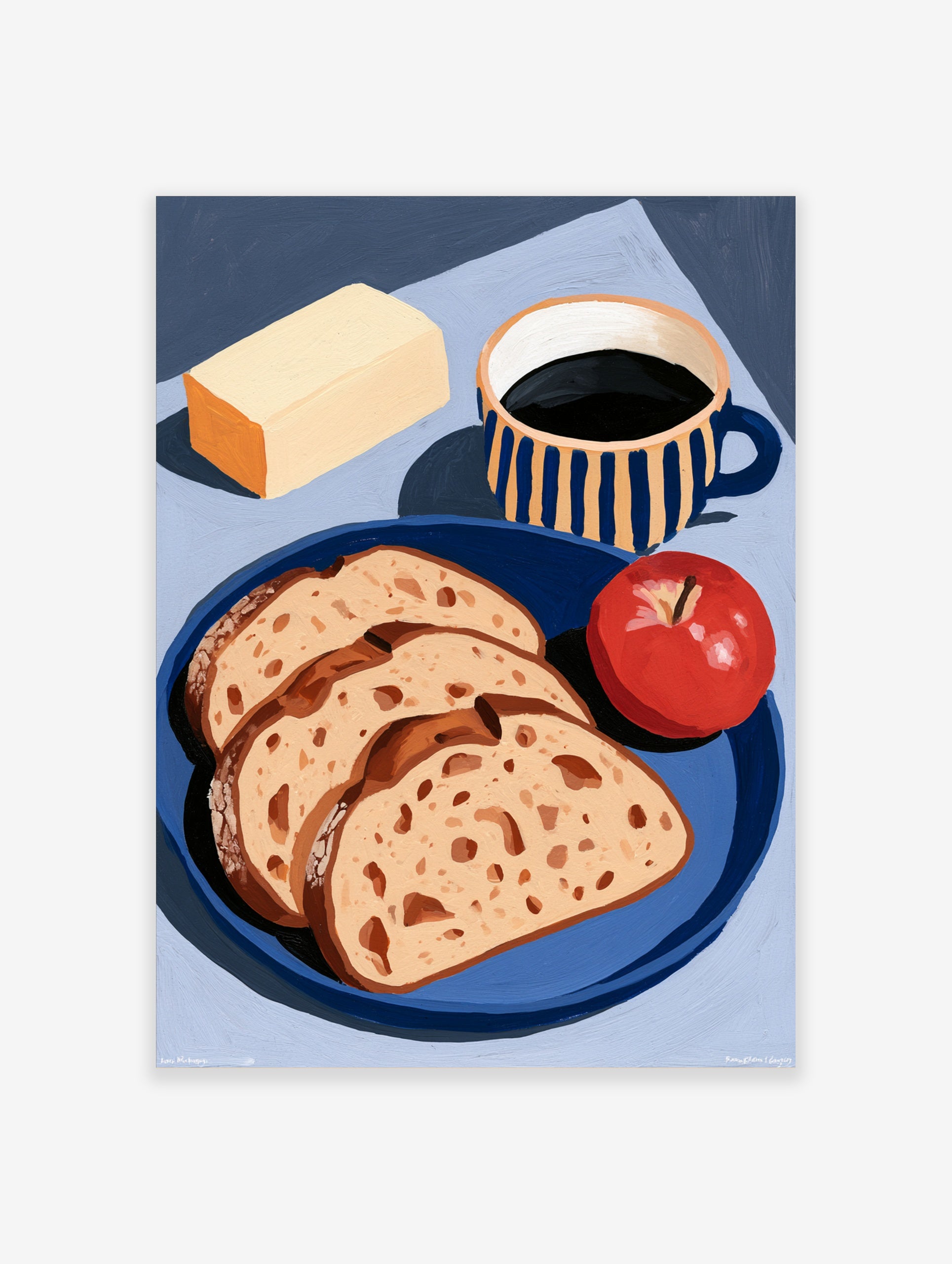 Still life art print of bread slices, an apple, butter, and a striped coffee mug on a blue plate