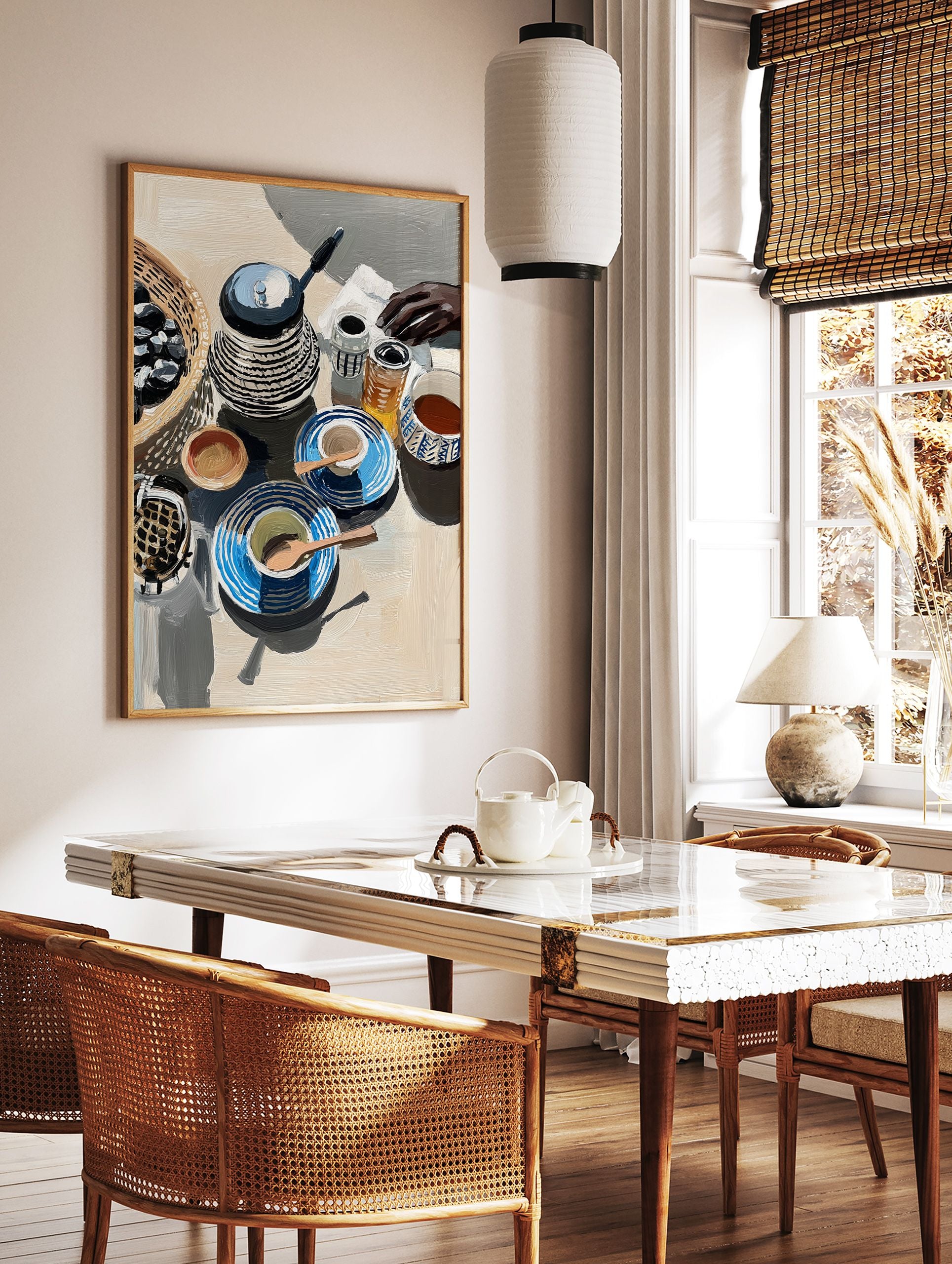 Still life poster of a breakfast table with a kettle, patterned blue cups, a basket of olives, and a hand reaching. - Image 2