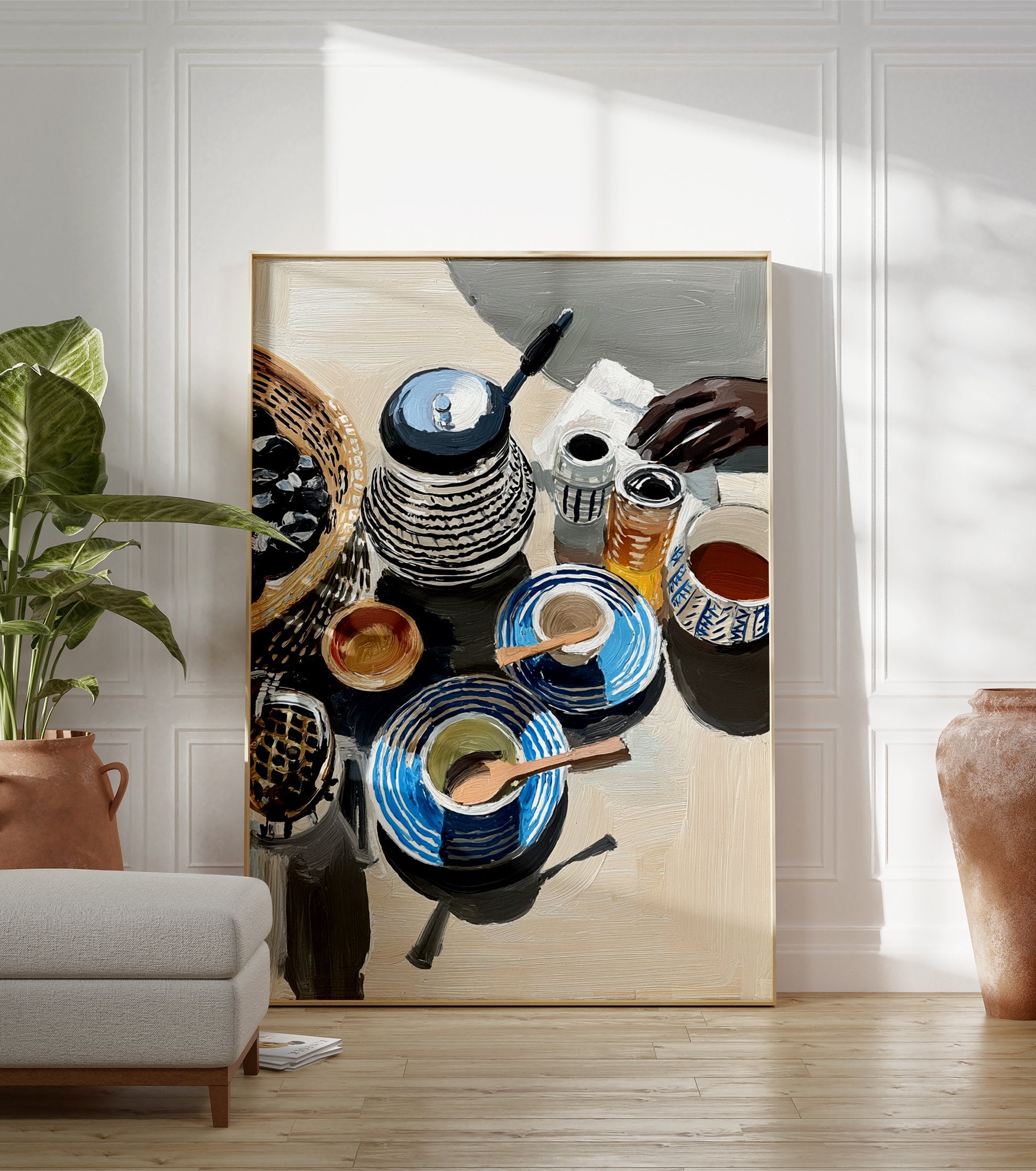 Still life poster of a breakfast table with a kettle, patterned blue cups, a basket of olives, and a hand reaching. - Image 3