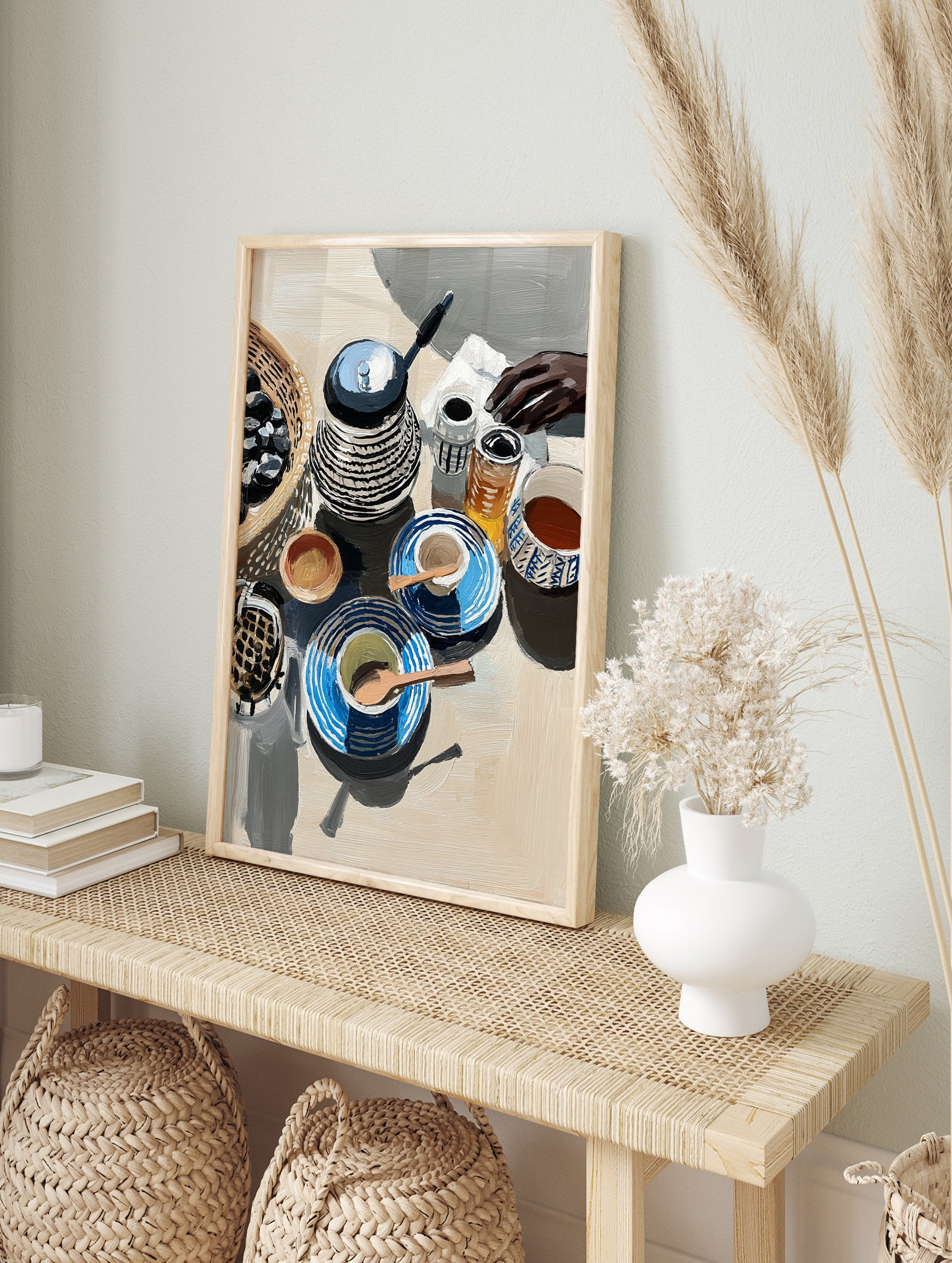 Still life poster of a breakfast table with a kettle, patterned blue cups, a basket of olives, and a hand reaching. - Image 4