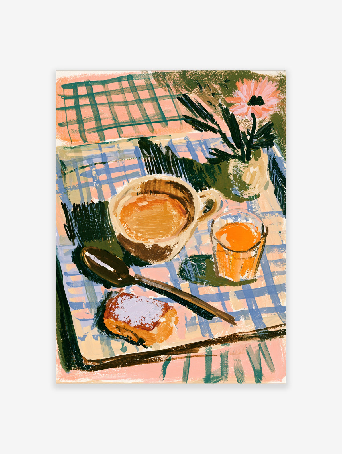 Still life poster of coffee cup, orange juice, pastry and flower on checked tablecloth