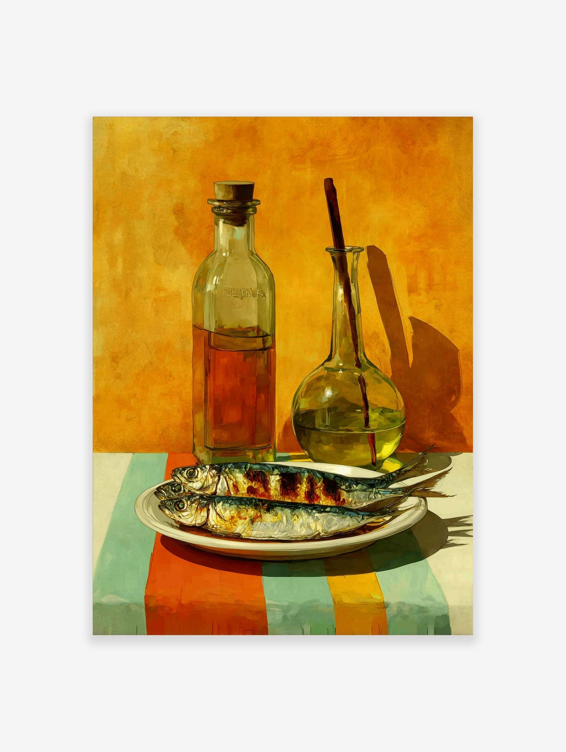 Still life painting of two grilled fish on a plate with two glass bottles and striped tablecloth against an orange wall