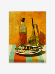 Still life painting of two grilled fish on a plate with two glass bottles and striped tablecloth against an orange wall