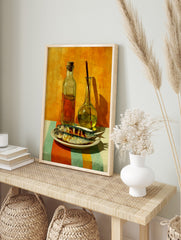 Still life painting of two grilled fish on a plate with two glass bottles and striped, in an alternate framed mockup