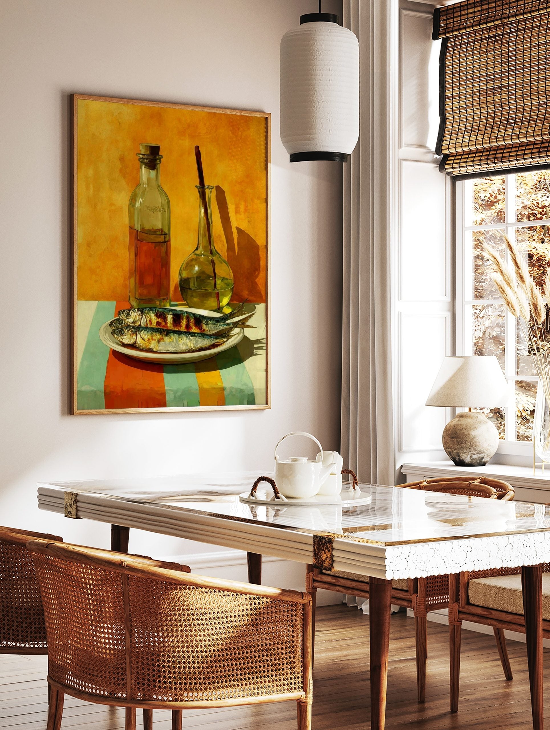 Still life painting of two grilled fish on a plate with two glass bottles and striped tablecloth, in a styled room mockup
