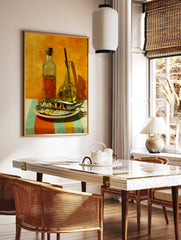 Still life painting of two grilled fish on a plate with two glass bottles and striped tablecloth, in a styled room mockup