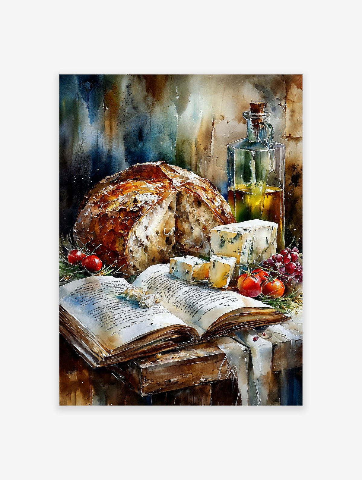 Watercolor still life poster featuring artisan bread, blue cheese, olive oil in a bottle, red tomatoes, grapes, and an open book.