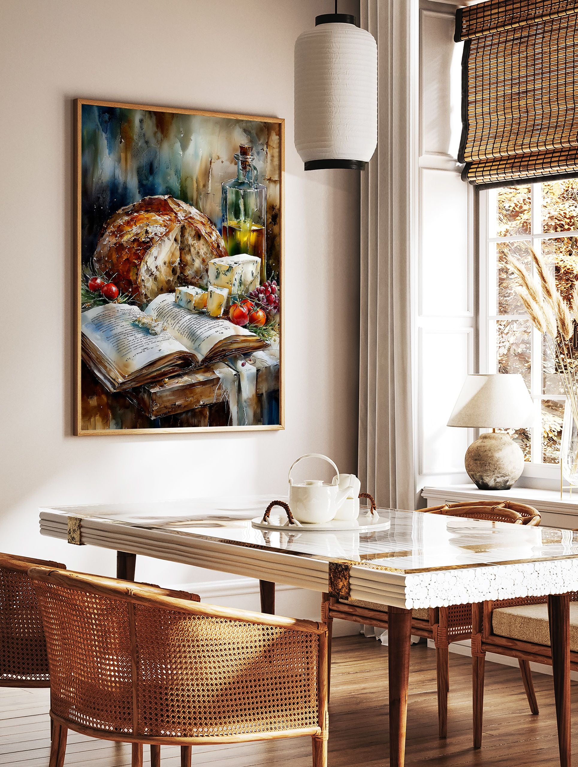 Watercolor still life poster featuring artisan bread, blue cheese, olive oil in a bottle, red tomatoes, grapes, and an open book. - Image 2