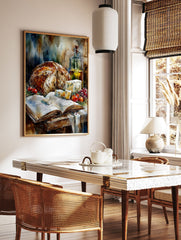 Watercolor still life poster featuring artisan bread, blue cheese, olive oil in a bottle, red tomatoes, grapes, and an open book. - Image 2