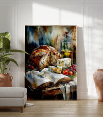 Watercolor still life poster featuring artisan bread, blue cheese, olive oil in a bottle, red tomatoes, grapes, and an open book. - Image 3