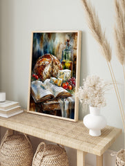 Watercolor still life poster featuring artisan bread, blue cheese, olive oil in a bottle, red tomatoes, grapes, and an open book. - Image 4