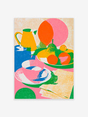 Colourful still life illustration with a yellow jug, bowl of fruit, and tea cup, featuring a retro halftone dot pattern
