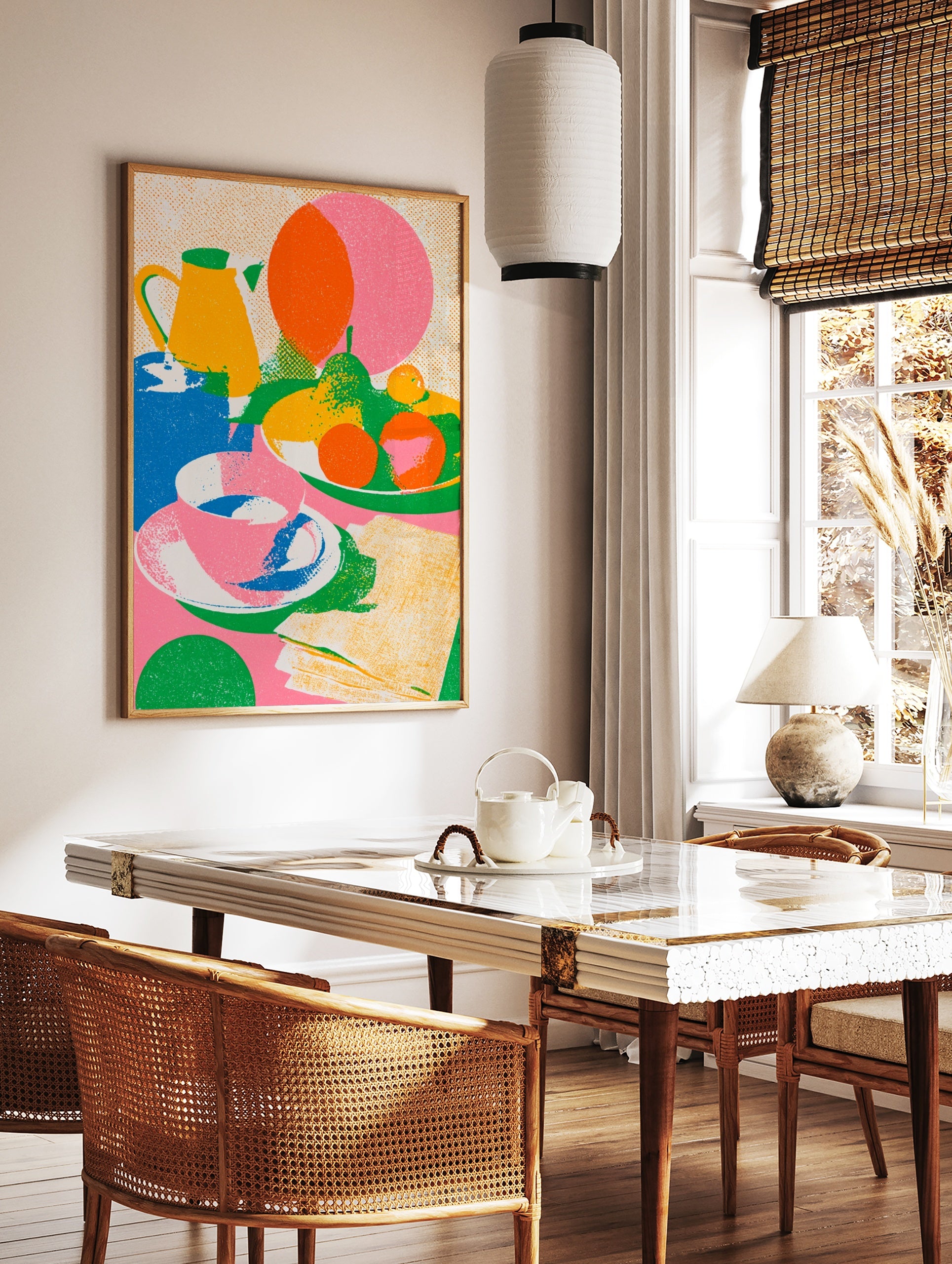 Colourful still life illustration with a yellow jug, bowl of fruit, and tea cup, featuring a retro, in a styled room mockup