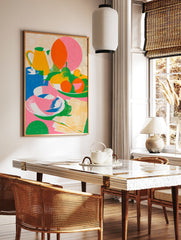 Colourful still life illustration with a yellow jug, bowl of fruit, and tea cup, featuring a retro, in a styled room mockup