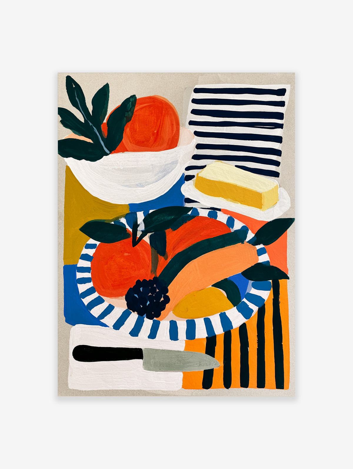 Modern still life illustration of oranges, butter, and a knife on a striped background, vibrant kitchen art print