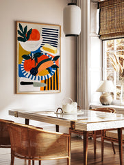 Modern still life illustration of oranges, butter, and a knife on a striped background, vibrant, in a styled room mockup