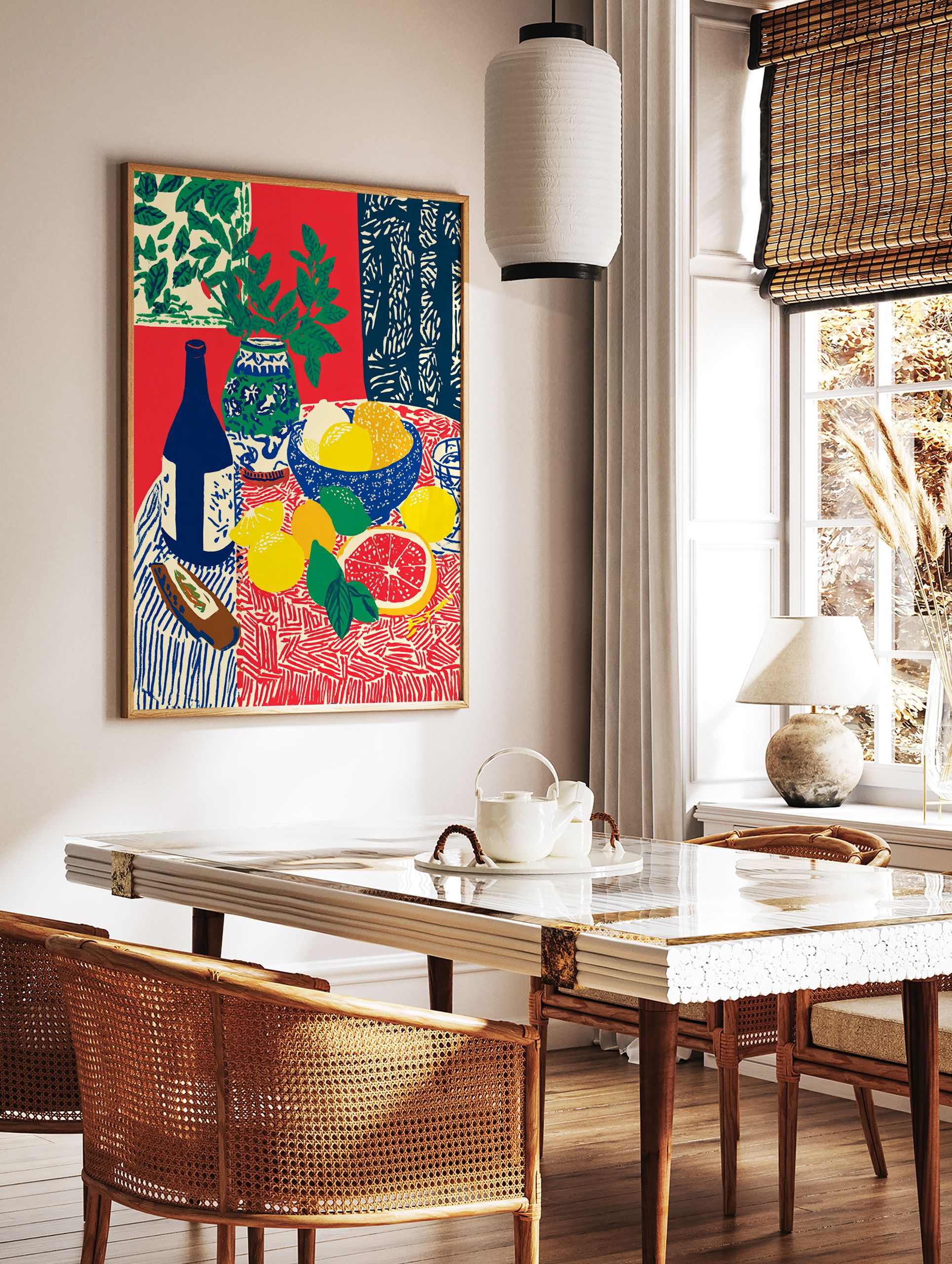 Still life fruit poster with lemons, grapefruit, limes, blue bottle, and vase with green leaves on a patterned red and blue tablecloth. - Image 2