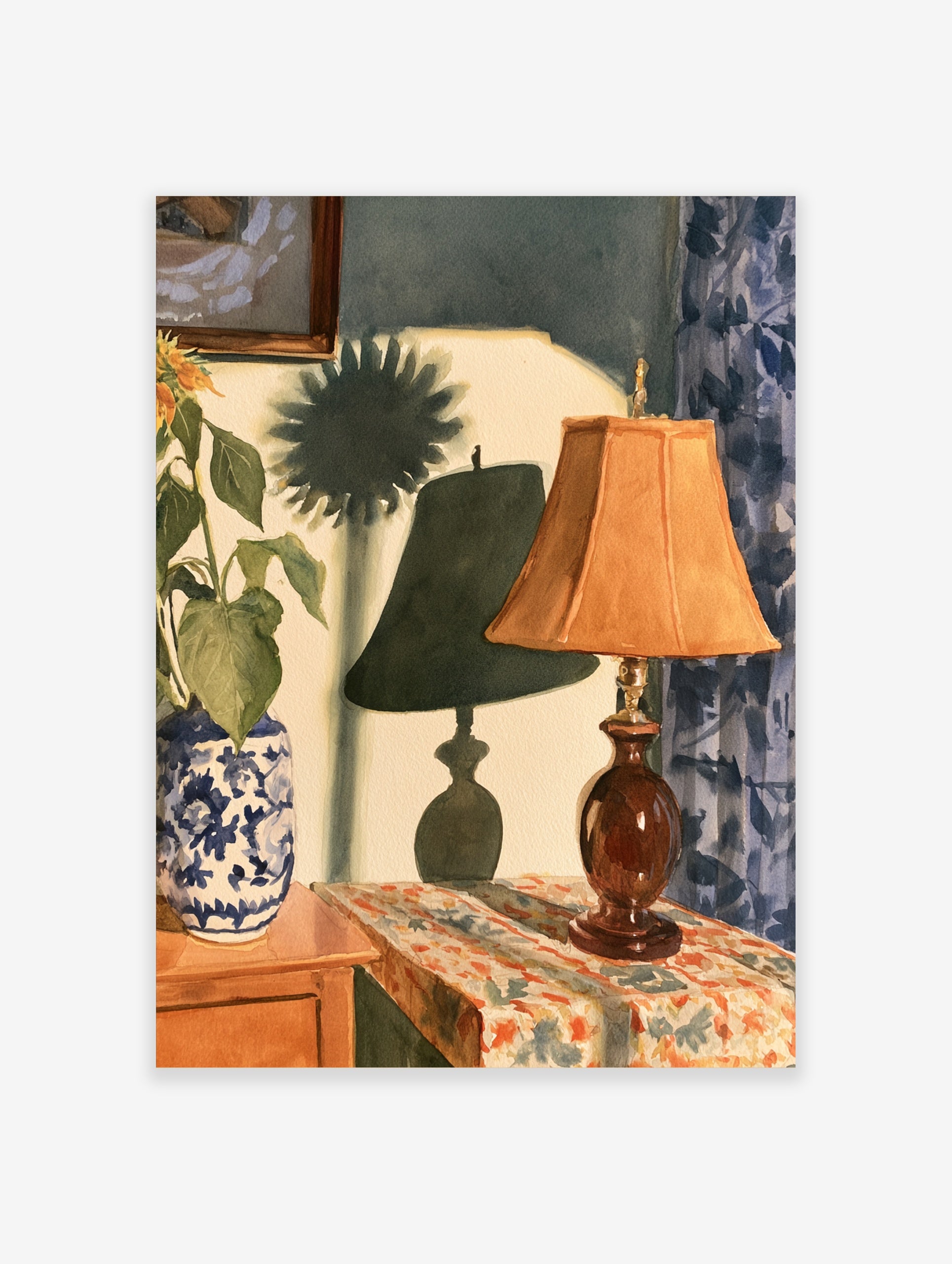 Watercolor painting of a lamp and sunflower vase on a table with blue curtains and a prominent shadow on the wall
