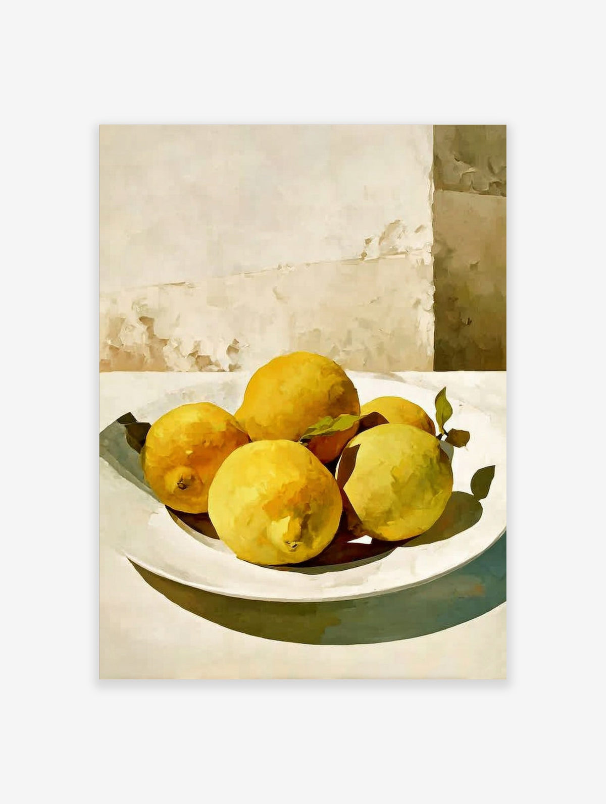 Painterly still life of yellow lemons with green leaves on a white plate against a light textured wall