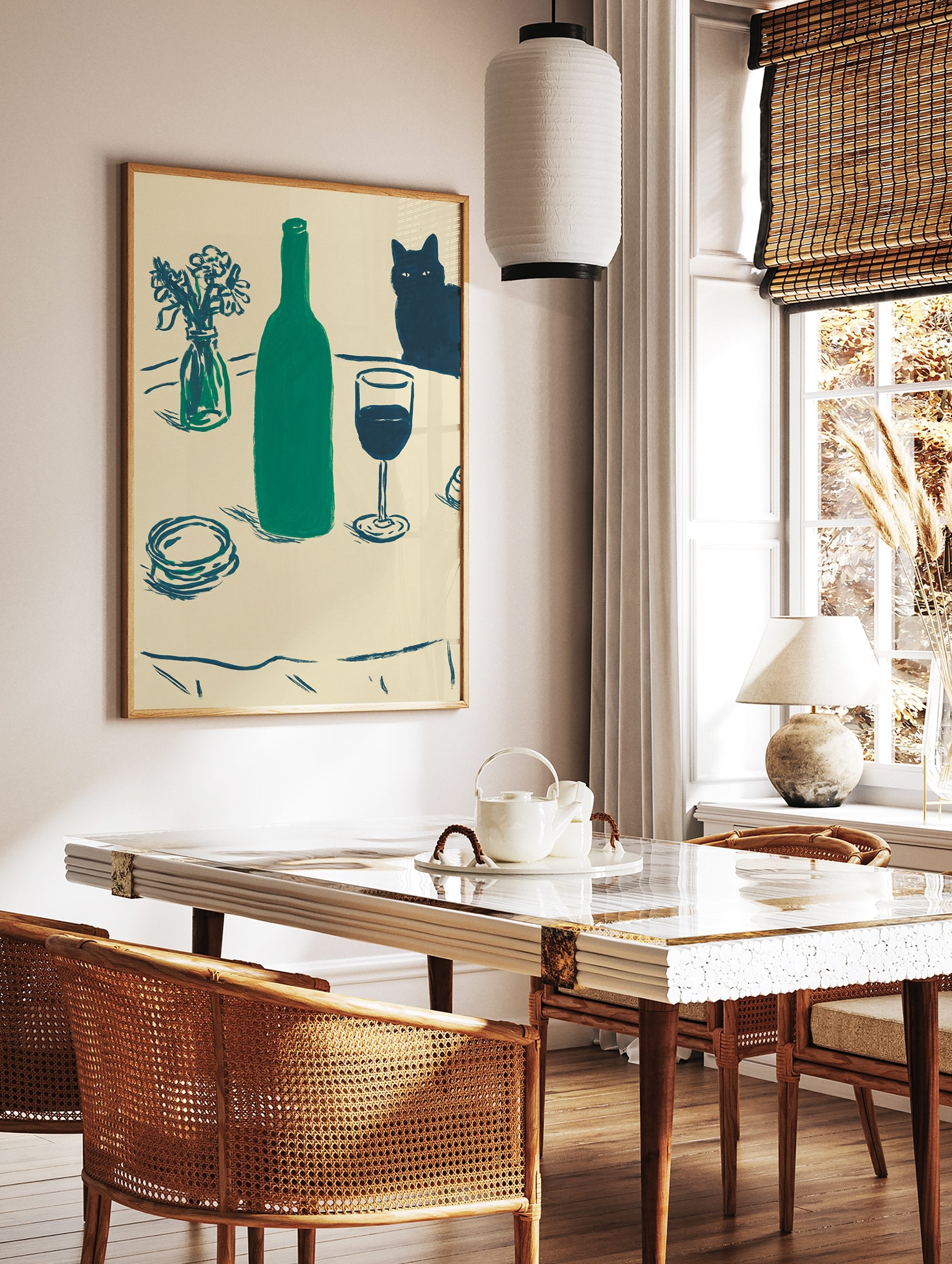 Still life painting featuring a green bottle, wine glass, vase of flowers, and a black cat on a cream background. - Image 2