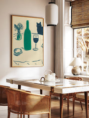 Still life painting featuring a green bottle, wine glass, vase of flowers, and a black cat on a cream background. - Image 2