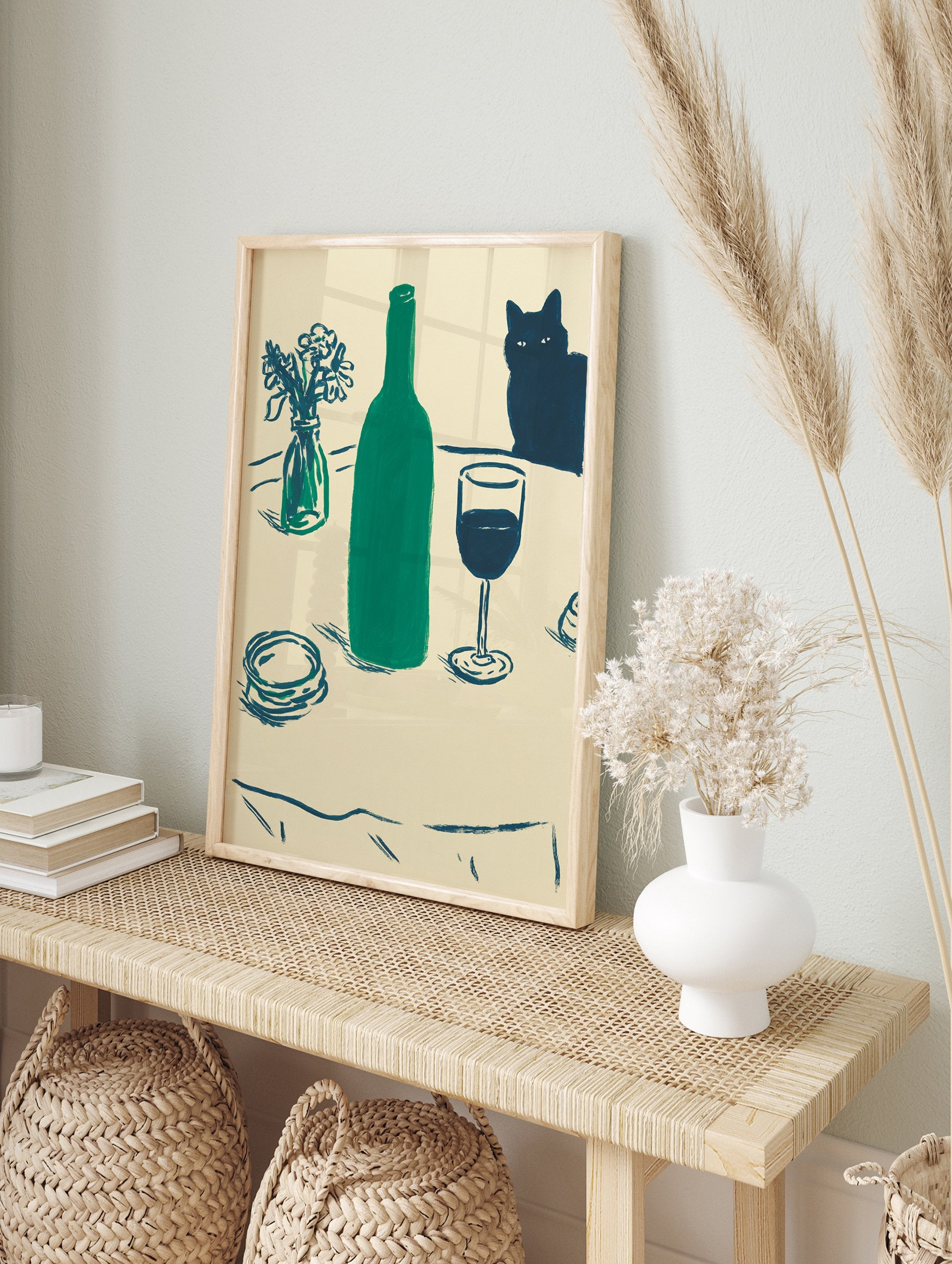 Still life painting featuring a green bottle, wine glass, vase of flowers, and a black cat on a cream background. - Image 3