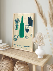 Still life painting featuring a green bottle, wine glass, vase of flowers, and a black cat on a cream background. - Image 3