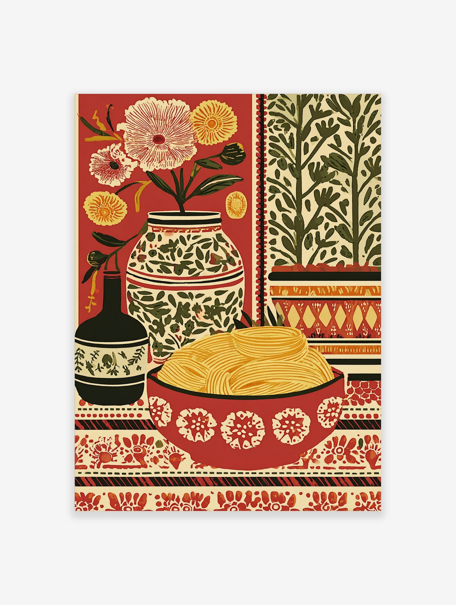 Still life folk art print with a bowl of pasta, flowers in vases, and patterned textiles on a red background