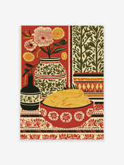 Still life folk art print with a bowl of pasta, flowers in vases, and patterned textiles on a red background