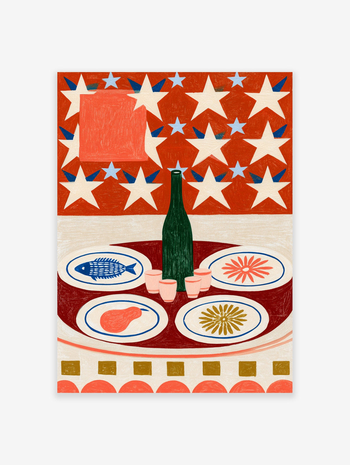 Modern still life illustrative wall art with a green bottle, plates of fish and fruit, and a red star-patterned background