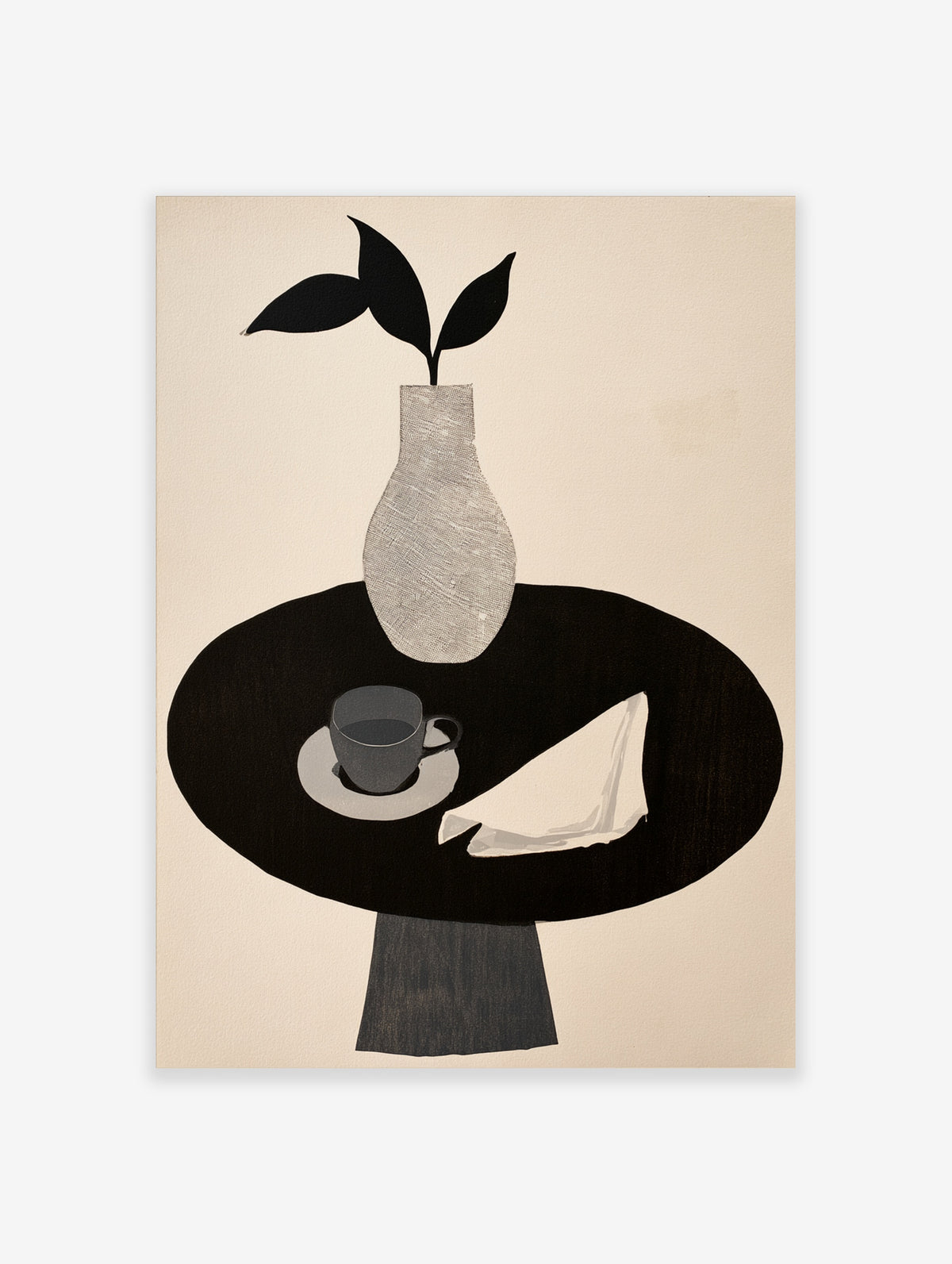 Minimalist still life illustration featuring a vase, cup, and napkin on a round table in black and white