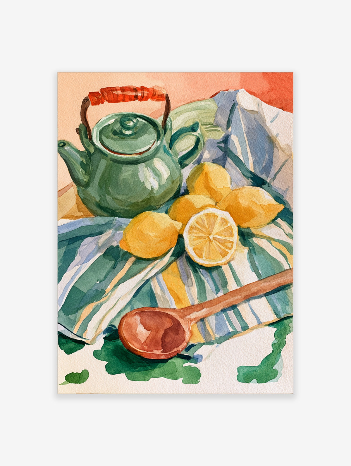 Watercolor still life illustration of a green teapot, lemons, and a wooden spoon on a striped cloth, peach background