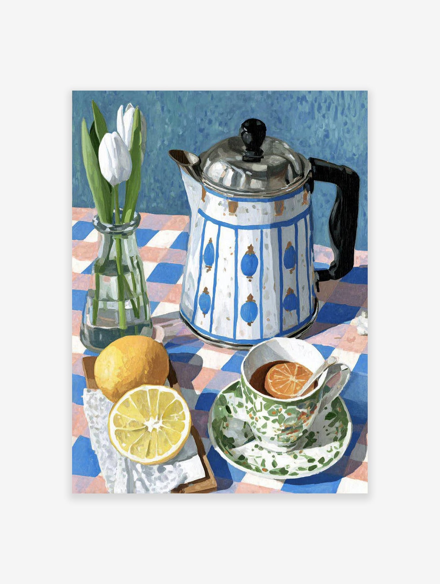 Still life painting of white tulips, a blue and white teapot, lemons, and a teacup on a checkered tablecloth.