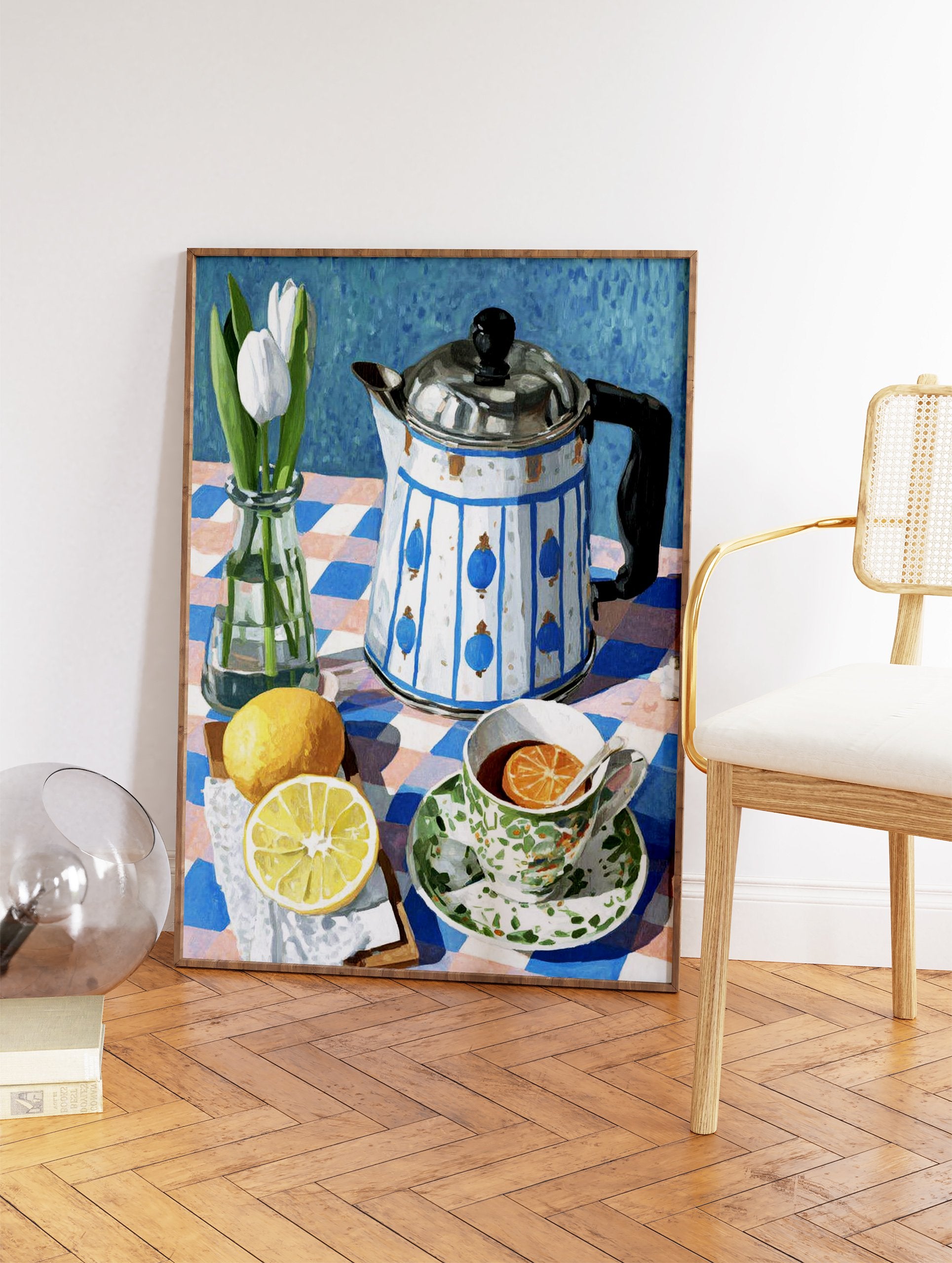 Still life painting of white tulips, a blue and white teapot, lemons, and a teacup on a checkered tablecloth. - Image 2