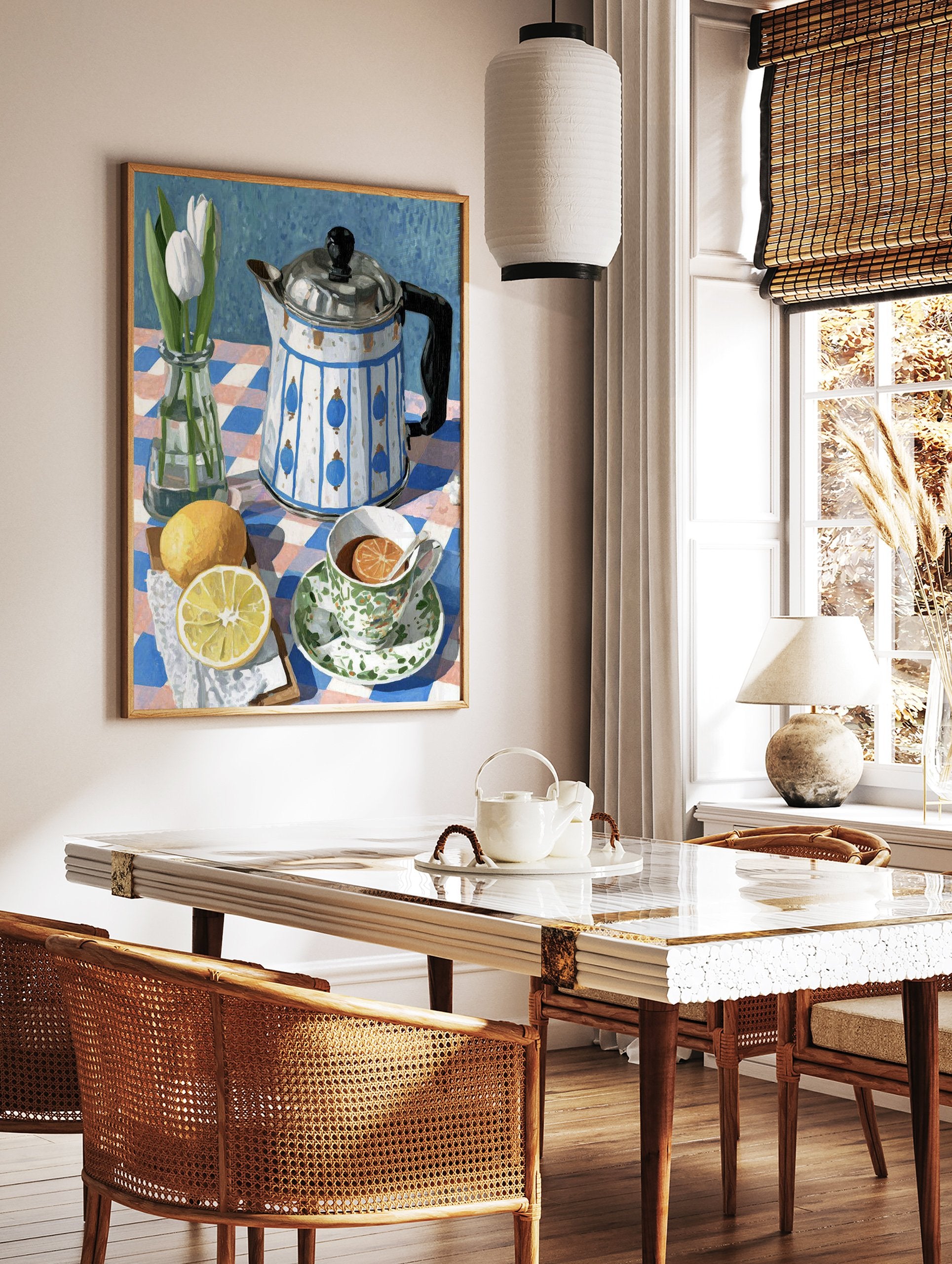 Still life painting of white tulips, a blue and white teapot, lemons, and a teacup on a checkered tablecloth. - Image 3