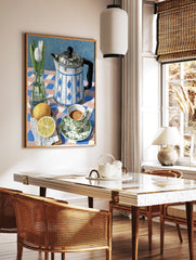 Still life painting of white tulips, a blue and white teapot, lemons, and a teacup on a checkered tablecloth. - Image 3