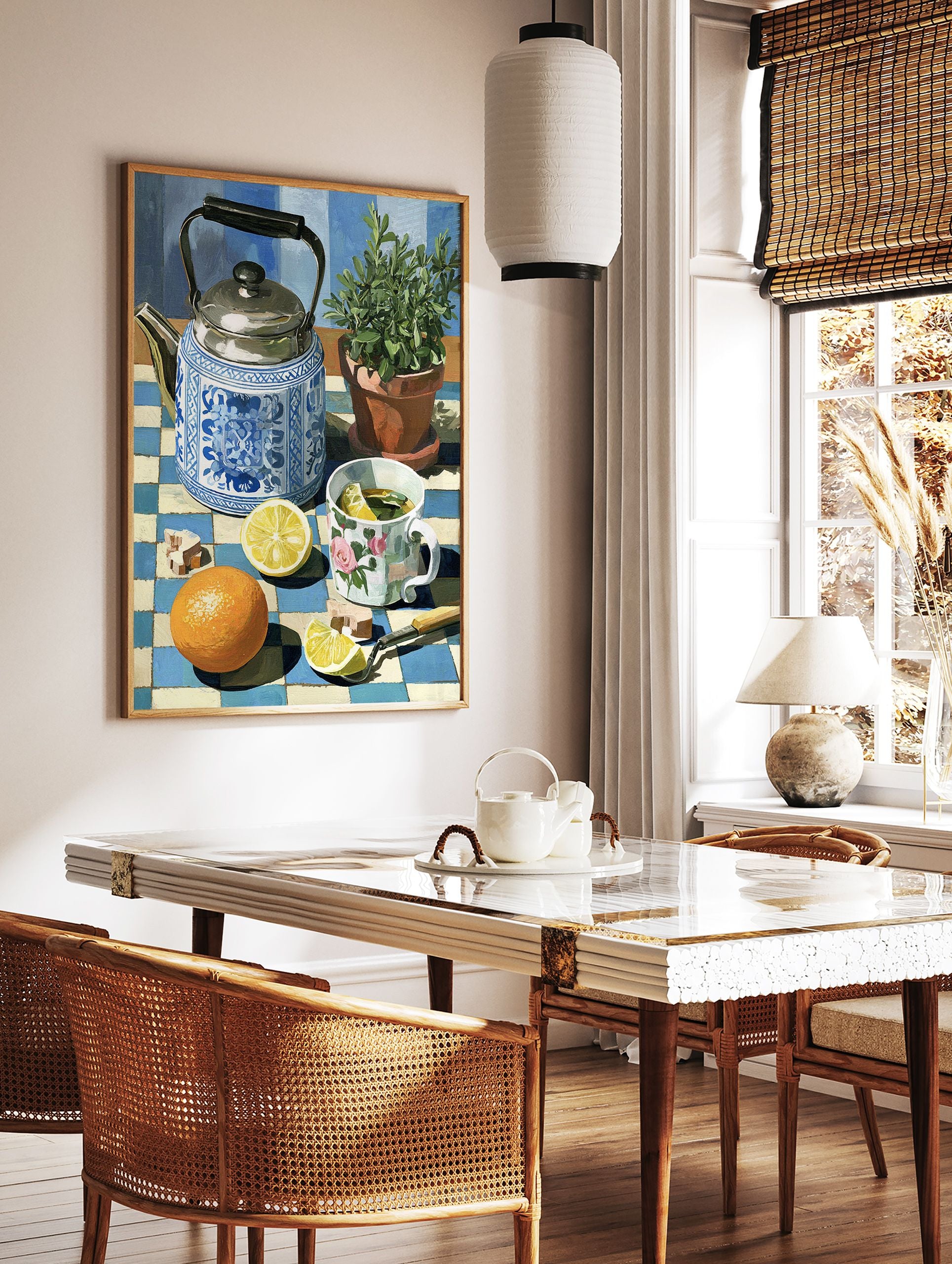 Still life painting of a blue and white teapot, lemon tea, orange, and plant on a checkered tablecloth, vibrant kitchen wall art. - Image 3