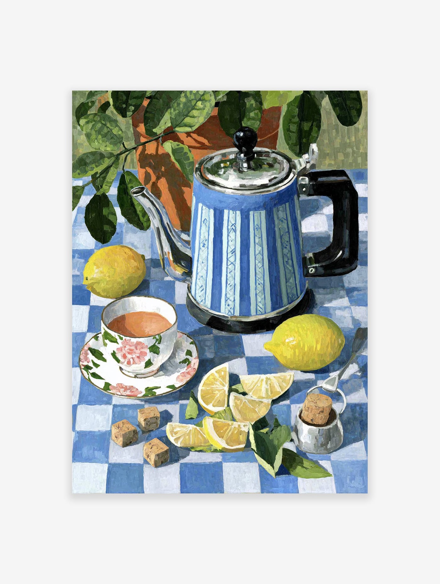 Still life painting of a blue striped teapot, floral teacup, and fresh lemons on a blue and white checkered tablecloth.