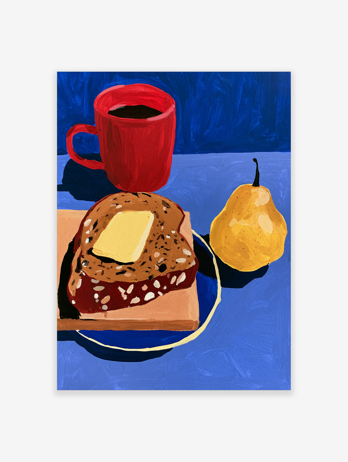 Illustrative still life art print of a red coffee mug, bread with butter, and a yellow pear on a bold blue background