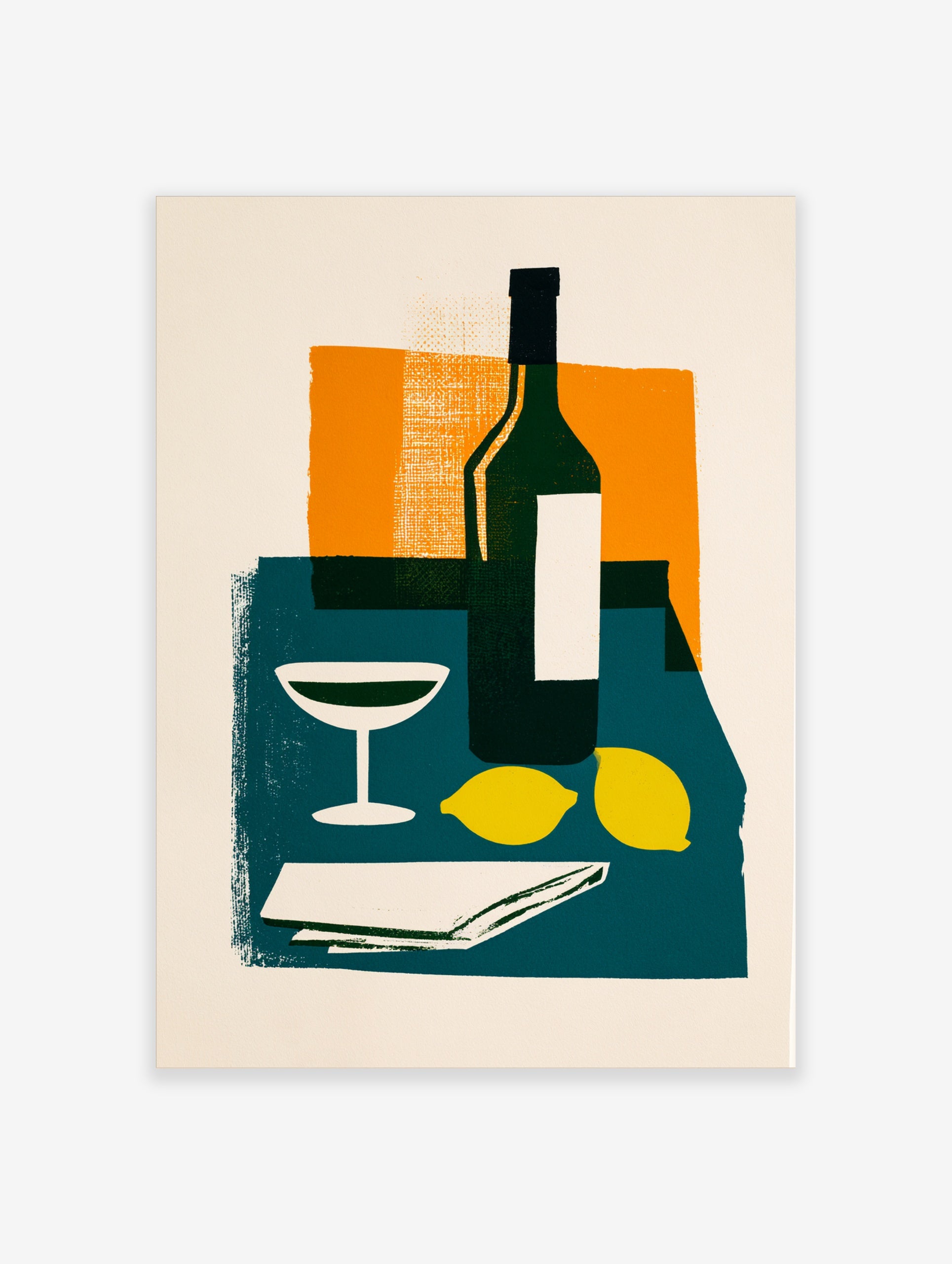 Modern still life wall art with wine bottle, cocktail glass, and lemons on a teal table against an orange background