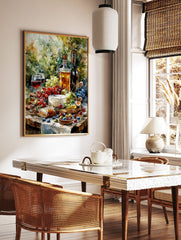 Still Life Wine & Cheese Poster. Watercolor painting of a gourmet spread with wine, cheese, grapes, figs, and bread on a table. - Image 2